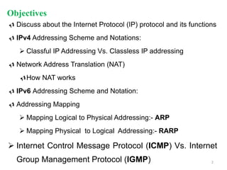 Objectives
 Discuss about the Internet Protocol (IP) protocol and its functions
 IPv4 Addressing Scheme and Notations:
 Classful IP Addressing Vs. Classless IP addressing
 Network Address Translation (NAT)
How NAT works
 IPv6 Addressing Scheme and Notation:
 Addressing Mapping
 Mapping Logical to Physical Addressing:- ARP
 Mapping Physical to Logical Addressing:- RARP
 Internet Control Message Protocol (ICMP) Vs. Internet
Group Management Protocol (IGMP) 2
 