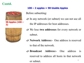 Before subnetting:
 In any network (or subnet) we can not use all
the IP addresses for host addresses.
 We lose two addresses for every network or
subnet.
 Network Address:- One address is reserved
to that of the network.
 Broadcast Address:- One address is
reserved to address all hosts in that network
or subnet.
100 – 2 apples = 98 Usable Apples
98 Apples (100 –
2)
Contd.
23
 