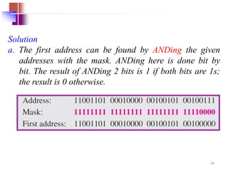 Solution
a. The first address can be found by ANDing the given
addresses with the mask. ANDing here is done bit by
bit. The result of ANDing 2 bits is 1 if both bits are 1s;
the result is 0 otherwise.
34
 