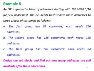 Example 8
An ISP is granted a block of addresses starting with 190.100.0.0/16
(65,536 addresses). The ISP needs to distribute these addresses to
three groups of customers as follows:
a. The first group has 64 customers; each needs 256
addresses.
b. The second group has 128 customers; each needs 128
addresses.
c. The third group has 128 customers; each needs 64
addresses.
Design the sub blocks and find out how many addresses are still
available after these allocations. 45
 