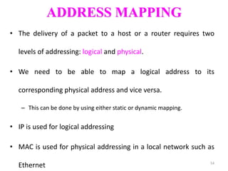 ADDRESS MAPPING
• The delivery of a packet to a host or a router requires two
levels of addressing: logical and physical.
• We need to be able to map a logical address to its
corresponding physical address and vice versa.
– This can be done by using either static or dynamic mapping.
• IP is used for logical addressing
• MAC is used for physical addressing in a local network such as
Ethernet 54
 