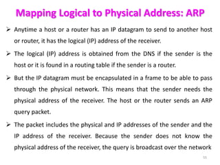 Mapping Logical to Physical Address: ARP
 Anytime a host or a router has an IP datagram to send to another host
or router, it has the logical (IP) address of the receiver.
 The logical (IP) address is obtained from the DNS if the sender is the
host or it is found in a routing table if the sender is a router.
 But the IP datagram must be encapsulated in a frame to be able to pass
through the physical network. This means that the sender needs the
physical address of the receiver. The host or the router sends an ARP
query packet.
 The packet includes the physical and IP addresses of the sender and the
IP address of the receiver. Because the sender does not know the
physical address of the receiver, the query is broadcast over the network
55
 
