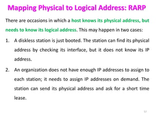 Mapping Physical to Logical Address: RARP
There are occasions in which a host knows its physical address, but
needs to know its logical address. This may happen in two cases:
1. A diskless station is just booted. The station can find its physical
address by checking its interface, but it does not know its IP
address.
2. An organization does not have enough IP addresses to assign to
each station; it needs to assign IP addresses on demand. The
station can send its physical address and ask for a short time
lease.
57
 