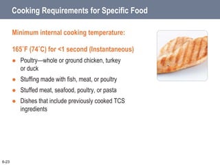 Cooking Requirements for Specific Food
Minimum internal cooking temperature:
165˚F (74˚C) for <1 second (Instantaneous)
 Poultry—whole or ground chicken, turkey
or duck
 Stuffing made with fish, meat, or poultry
 Stuffed meat, seafood, poultry, or pasta
 Dishes that include previously cooked TCS
ingredients
6-23
 