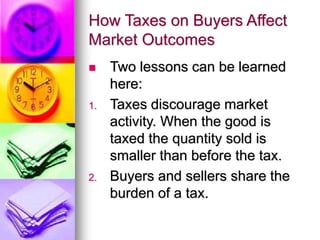 How Taxes on Buyers Affect
Market Outcomes
 Two lessons can be learned
here:
1. Taxes discourage market
activity. When the good is
taxed the quantity sold is
smaller than before the tax.
2. Buyers and sellers share the
burden of a tax.
 