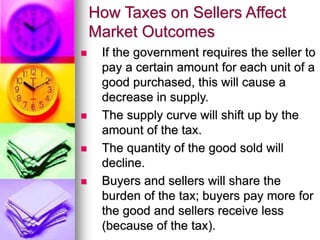 How Taxes on Sellers Affect
Market Outcomes
 If the government requires the seller to
pay a certain amount for each unit of a
good purchased, this will cause a
decrease in supply.
 The supply curve will shift up by the
amount of the tax.
 The quantity of the good sold will
decline.
 Buyers and sellers will share the
burden of the tax; buyers pay more for
the good and sellers receive less
(because of the tax).
 