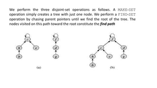 We perform the three disjoint-set operations as follows. A MAKE-SET
operation simply creates a tree with just one node. We perform a FIND-SET
operation by chasing parent pointers until we find the root of the tree. The
nodes visited on this path toward the root constitute the find path
 