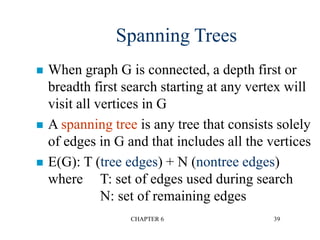 CHAPTER 6 39
Spanning Trees
 When graph G is connected, a depth first or
breadth first search starting at any vertex will
visit all vertices in G
 A spanning tree is any tree that consists solely
of edges in G and that includes all the vertices
 E(G): T (tree edges) + N (nontree edges)
where T: set of edges used during search
N: set of remaining edges
 