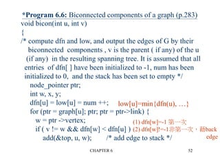 CHAPTER 6 52
*Program 6.6: Biconnected components of a graph (p.283)
low[u]=min{dfn(u), …}
(1) dfn[w]=-1 第一次
(2) dfn[w]!=-1非第一次，藉back
edge
void bicon(int u, int v)
{
/* compute dfn and low, and output the edges of G by their
biconnected components , v is the parent ( if any) of the u
(if any) in the resulting spanning tree. It is assumed that all
entries of dfn[ ] have been initialized to -1, num has been
initialized to 0, and the stack has been set to empty */
node_pointer ptr;
int w, x, y;
dfn[u] = low[u] = num ++;
for (ptr = graph[u]; ptr; ptr = ptr->link) {
w = ptr ->vertex;
if ( v != w && dfn[w] < dfn[u] )
add(&top, u, w); /* add edge to stack */
 