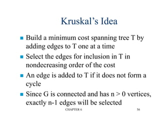 CHAPTER 6 56
Kruskal’s Idea
 Build a minimum cost spanning tree T by
adding edges to T one at a time
 Select the edges for inclusion in T in
nondecreasing order of the cost
 An edge is added to T if it does not form a
cycle
 Since G is connected and has n > 0 vertices,
exactly n-1 edges will be selected
 
