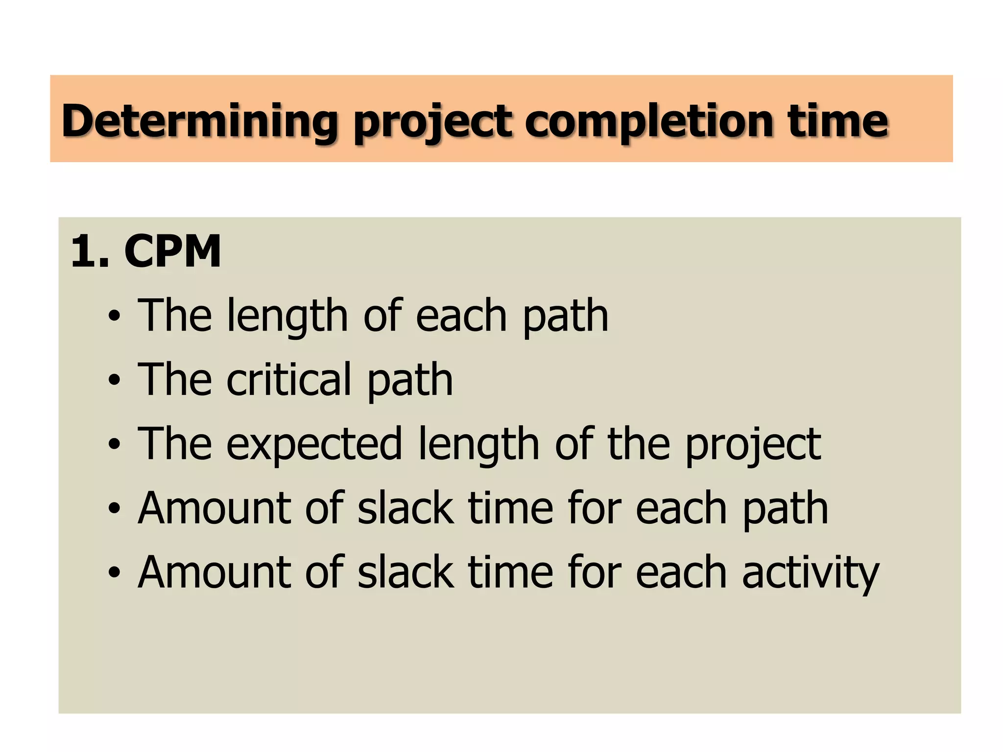 Determining project completion time
1. CPM
• The length of each path
• The critical path
• The expected length of the project
• Amount of slack time for each path
• Amount of slack time for each activity
 