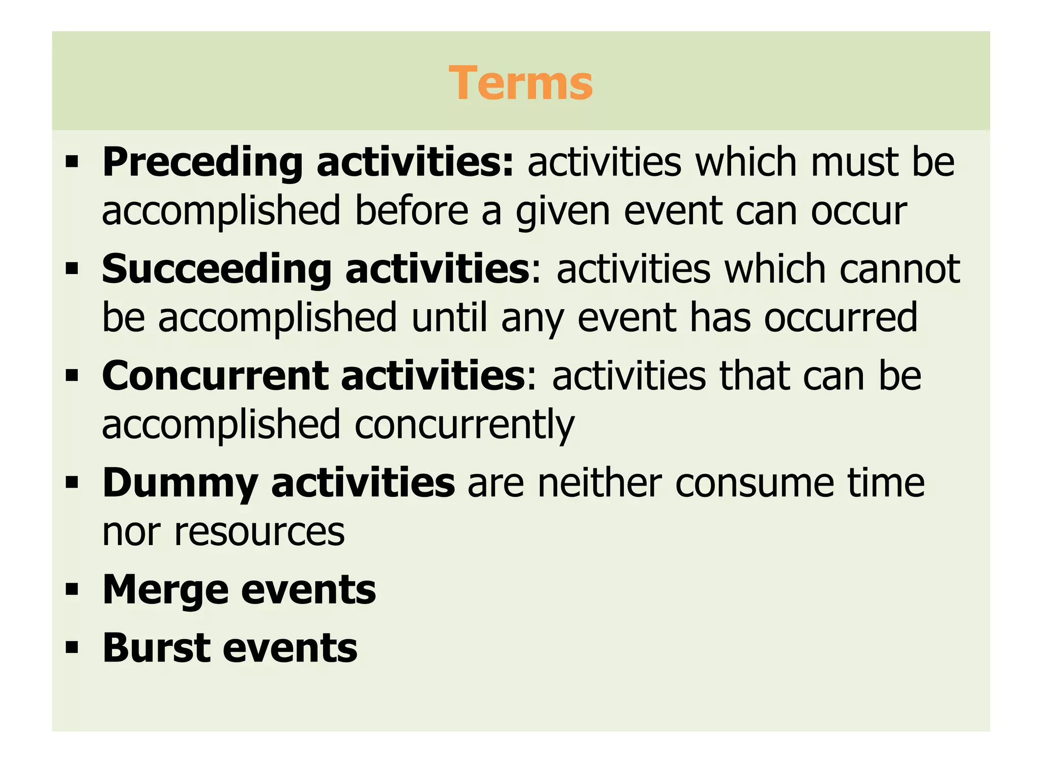 Terms
 Preceding activities: activities which must be
accomplished before a given event can occur
 Succeeding activities: activities which cannot
be accomplished until any event has occurred
 Concurrent activities: activities that can be
accomplished concurrently
 Dummy activities are neither consume time
nor resources
 Merge events
 Burst events
 