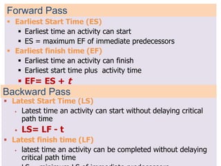15
Forward Pass
 Earliest Start Time (ES)
 Earliest time an activity can start
 ES = maximum EF of immediate predecessors
 Earliest finish time (EF)
 Earliest time an activity can finish
 Earliest start time plus activity time
 EF= ES + t
 Latest Start Time (LS)
 Latest time an activity can start without delaying critical
path time
 LS= LF - t
 Latest finish time (LF)
 latest time an activity can be completed without delaying
critical path time
Backward Pass
 