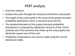 26
PERT analysis
• Draw the network.
• Analyze the paths through the network and find the critical path.
• The length of the critical path is the mean of the project duration
probability distribution which is assumed to be normal
• The standard deviation of the project duration probability
distribution is computed by adding the variances of the critical
activities (all of the activities that make up the critical path) and
taking the square root of that sum
• Probability computations can now be made using the normal
distribution table.
 