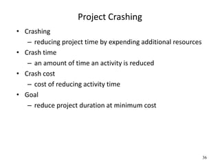 36
Project Crashing
• Crashing
– reducing project time by expending additional resources
• Crash time
– an amount of time an activity is reduced
• Crash cost
– cost of reducing activity time
• Goal
– reduce project duration at minimum cost
 