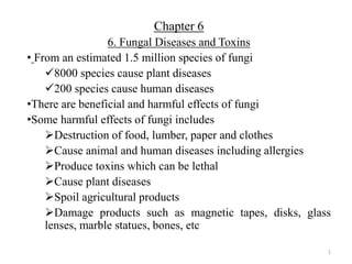 Chapter 6
6. Fungal Diseases and Toxins
• From an estimated 1.5 million species of fungi
8000 species cause plant diseases
200 species cause human diseases
•There are beneficial and harmful effects of fungi
•Some harmful effects of fungi includes
Destruction of food, lumber, paper and clothes
Cause animal and human diseases including allergies
Produce toxins which can be lethal
Cause plant diseases
Spoil agricultural products
Damage products such as magnetic tapes, disks, glass
lenses, marble statues, bones, etc
1
 
