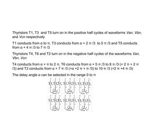 Thyristors T1, T3 and T5 turn on in the positive half cycles of waveforms Van, Vbn,
and Vcn respectively
T1 conducts from α to π, T3 conducts from α + 2 π /3 to 5 π /3 and T5 conducts
from α + 4 π /3 to 7 π /3
Thyristors T4, T6 and T2 turn on in the negative half cycles of the waveforms Van,
Vbn, Vcn
Vbn, Vcn
T4 conducts from α + π to 2 π, T6 conducts from α + 5 π /3 to 8 π /3 (= 2 π + 2 π
/3) and T2 conducts from α + 7 π /3 (=α +2 π + π /3) to 10 π /3 (=2 π +4 π /3)
The delay angle α can be selected in the range 0 to π
 