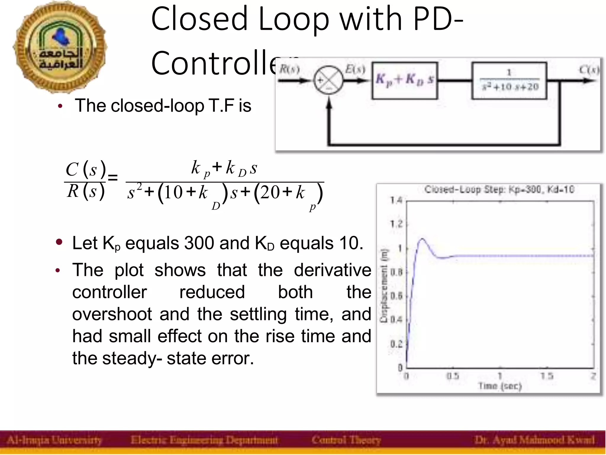 Closed Loop with PD-
Controller
12
• The closed-loop T.F is
C (s) k p+ k D s
R (s)
=
s2
+(10+k )s+(20+ k )
D p
• Let Kp equals 300 and KD equals 10.
• The plot shows that the derivative
controller reduced both the
overshoot and the settling time, and
had small effect on the rise time and
the steady- state error.
 