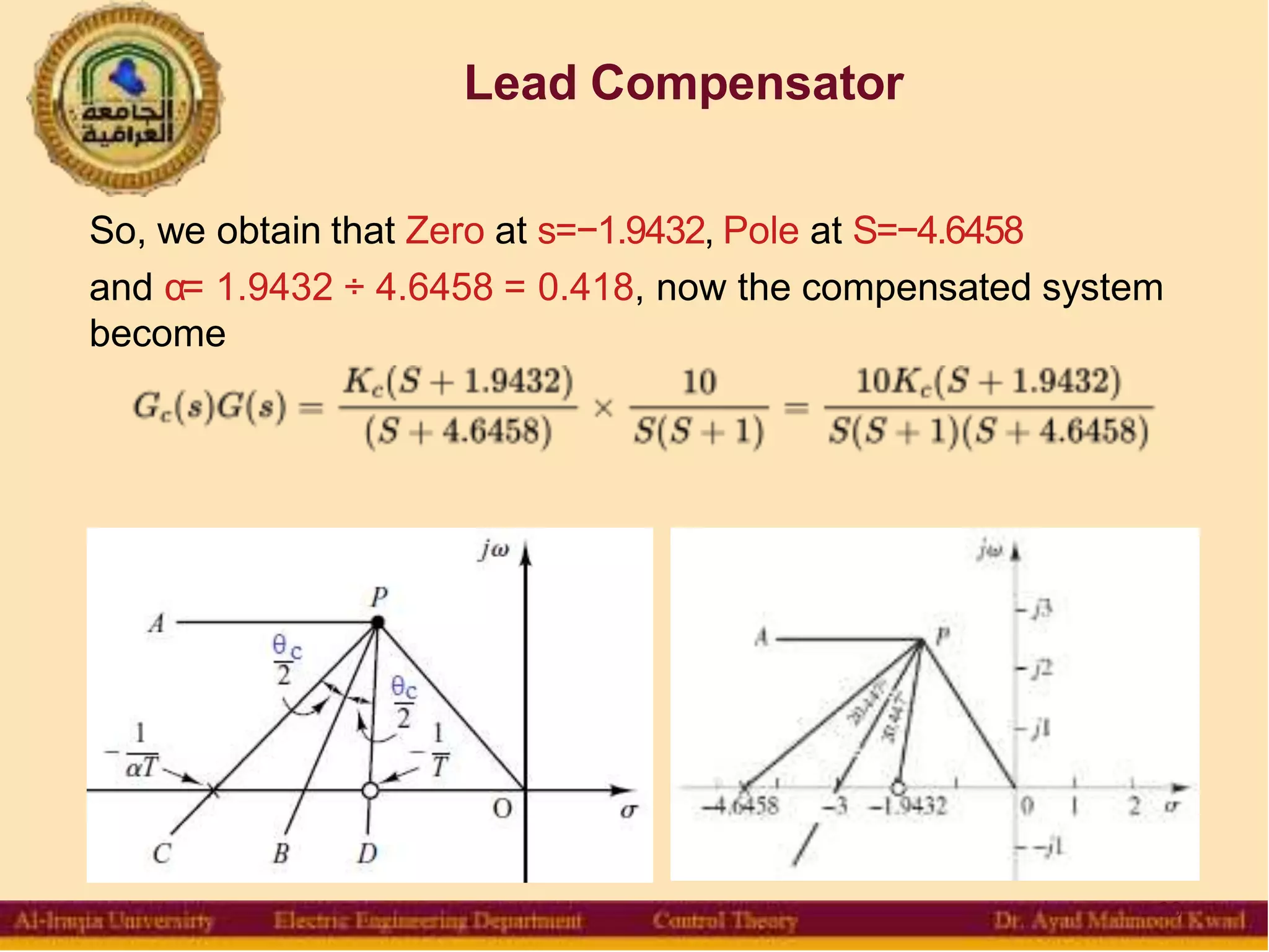 Lead Compensator
So, we obtain that Zero at s=−1.9432, Pole at S=−4.6458
and α= 1.9432 ÷ 4.6458 = 0.418, now the compensated system
become
33
 