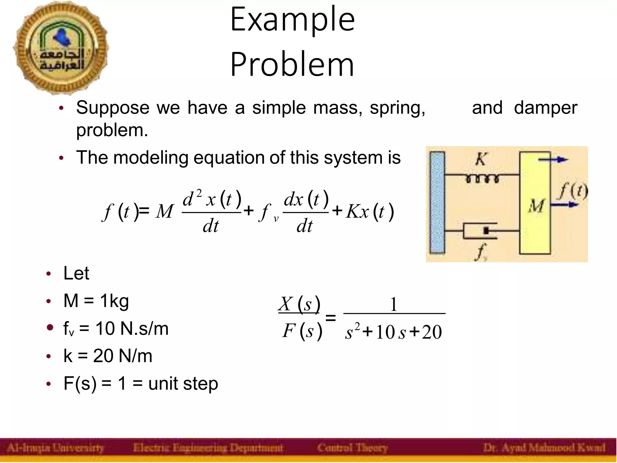 Example
Problem
9
and damper
• Suppose we have a simple mass, spring,
problem.
• The modeling equation of this system is
f (t )= M
d 2
x (t ) dx (t )
dt dt
+ f v +Kx (t )
X (s) 1
F (s)
=
s2
+10 s+20
• Let
• M = 1kg
• fv = 10 N.s/m
• k = 20 N/m
• F(s) = 1 = unit step
 