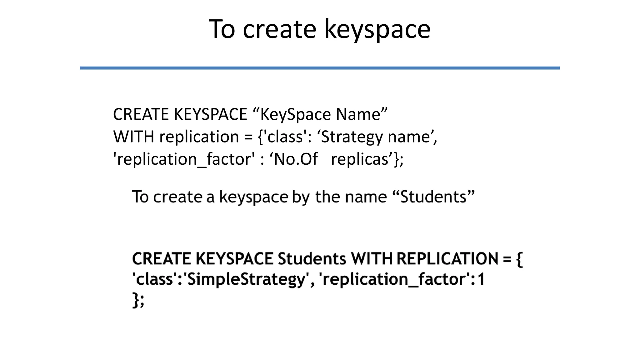 To create keyspace
CREATE KEYSPACE “KeySpace Name”
WITH replication = {'class': ‘Strategy name’,
'replication_factor' : ‘No.Of replicas’};
 