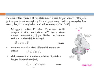 Besaran vektor momen M ditentukan oleh aturan tangan kanan: ketika jari-
jari tangan kanan melengkung ke arah gaya yang cenderung menyebabkan
rotasi, ibu jari menunjukkan arah vektor momen (Gbr. 6–32)
• Mengganti vektor F dalam Persamaan. 6–40
dengan vektor momentum mV memberikan
momen momentum, juga disebut momentum
sudut, di sekitar titik 0, sebagai
• momentum sudut dari diferensial massa dm
adalah
• Maka momentum sudut suatu sistem ditentukan
dengan integrasi menjadi,
 