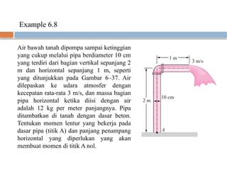 Air bawah tanah dipompa sampai ketinggian
yang cukup melalui pipa berdiameter 10 cm
yang terdiri dari bagian vertikal sepanjang 2
m dan horizontal sepanjang 1 m, seperti
yang ditunjukkan pada Gambar 6–37. Air
dilepaskan ke udara atmosfer dengan
kecepatan rata-rata 3 m/s, dan massa bagian
pipa horizontal ketika diisi dengan air
adalah 12 kg per meter panjangnya. Pipa
ditambatkan di tanah dengan dasar beton.
Tentukan momen lentur yang bekerja pada
dasar pipa (titik A) dan panjang penampang
horizontal yang diperlukan yang akan
membuat momen di titik A nol.
Example 6.8
 