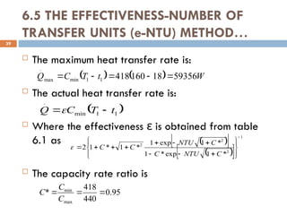 6.5 THE EFFECTIVENESS-NUMBER OF
TRANSFER UNITS (e-NTU) METHOD…
 The maximum heat transfer rate is:
 The actual heat transfer rate is:
 Where the effectiveness is obtained from table
ε
6.1 as
 The capacity rate ratio is
39
    W
t
T
C
Q 59356
18
160
418
1
1
min
max
.





 
1
1
min
.
t
T
C
Q 

 
 
 
 
1
2
2
2
*
1
exp
*
1
*
1
exp
1
*
1
*
1
2





















C
NTU
C
C
NTU
C
C

95
.
0
440
418
*
max
min



C
C
C
 