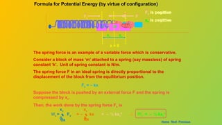 Formula for Potential Energy (by virtue of configuration)
m m
F
Fs Fs
m
F
x = 0
xc xe
The spring force is an example of a variable force which is conservative.
Consider a block of mass ‘m’ attached to a spring (say massless) of spring
constant ‘k’. Unit of spring constant is N/m.
The spring force F in an ideal spring is directly proportional to the
displacement of the block from the equilibrium position.
Fs = – kx
Suppose the block is pushed by an external force F and the spring is
compressed by xc.
Then, the work done by the spring force Fs is
 Fs
dx
0
xc
Ws =  kx
dx
0
xc
= – ½ kxc
2
= – Ws ½ kxc
2
= –
Home Next Previous
Fs is positive
xc is negative
Fs is negative
xe is positive
 