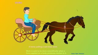 A horse pulling a cart does work.
WORK
Home Next Previous
Work is said to be done scientifically when a
force applied on a body produces motion in it.
 