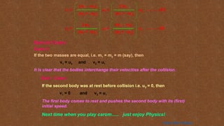 Special Cases:
v2 =
(m1 + m2)
(m2 – m1)
u2
2 m1
u1 +
(m1 + m2)
……….(8)
……….(6)
v1 =
(m1 + m2)
(m1 – m2)
u1 +
2 m2
u2
(m1 + m2)
Case I:
If the two masses are equal, i.e. m1 = m2 = m (say), then
v1 = u2 and v2 = u1
It is clear that the bodies interchange their velocities after the collision.
Sub - Case:
If the second body was at rest before collision i.e. u2 = 0, then
v1 = 0 and v2 = u1
The first body comes to rest and pushes the second body with its (first)
initial speed.
Next time when you play carom….. just enjoy Physics!
Home Next Previous
 