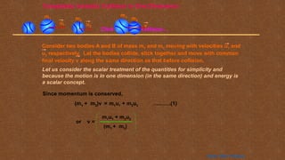 Completely Inelastic Collision in One Dimension
Click to see the collision…
Consider two bodies A and B of mass m1 and m2 moving with velocities u1 and
u2 respectively. Let the bodies collide, stick together and move with common
final velocity v along the same direction as that before collision.
Let us consider the scalar treatment of the quantities for simplicity and
because the motion is in one dimension (in the same direction) and energy is
a scalar concept.
(m1 + m2)v = m1u1 + m2u2 ……….(1)
Since momentum is conserved,
u1
m1
u2
m2
m1
m2
v
v =
(m1 + m2)
m1u1 + m2u2
or
Home Next Previous
 