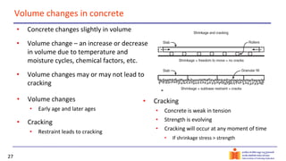 27
Volume changes in concrete
• Concrete changes slightly in volume
• Volume change – an increase or decrease
in volume due to temperature and
moisture cycles, chemical factors, etc.
• Volume changes may or may not lead to
cracking
• Volume changes
• Early age and later ages
• Cracking
• Restraint leads to cracking
• Cracking
• Concrete is weak in tension
• Strength is evolving
• Cracking will occur at any moment of time
• If shrinkage stress > strength
 