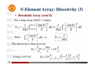 39
N-Element Array: Directivity (3)
• Broadside Array (cont’d)





 












 dZ
Z
Z
Nkd
dZ
Z
Z
Nkd
U
Nkd
Nkd
2
2
/
2
/
2
0
)
sin(
1
)
sin(
1
For a large array (Nkd/2 -> large),
The directivity is then given by


d
N
Nkd
U
U
D 2
0
max
0 














dZ
Z
Z
2
)
sin(
Nkd
U


0



L
d
d
L
d
N
D
d
L
d
N
L
2
1
2
2
)
1
(
0













Using L=(N-1)d
Since
 