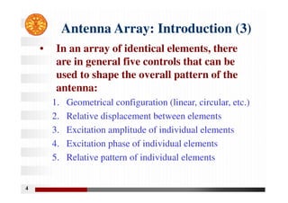 4
Antenna Array: Introduction (3)
• In an array of identical elements, there
are in general five controls that can be
used to shape the overall pattern of the
antenna:
1. Geometrical configuration (linear, circular, etc.)
2. Relative displacement between elements
3. Excitation amplitude of individual elements
4. Excitation phase of individual elements
5. Relative pattern of individual elements
 