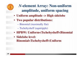 49
N-element Array: Non-uniform
amplitude, uniform spacing
• Uniform amplitude -> High sidelobe
• Two popular distributions:
– Binomial (maximally flat)
– Tschebysheff (equiripple)
• HPBW: Uniform<Tschebysheff<Binomial
• Sidelobe level:
Binomial<Tschebysheff<Uniform
 