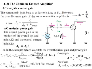 6-3: The Common-Emitter Amplifier
AC analysis: current gain
where
AC analysis: power gain
Ex. In the example before, calculate the overall current gain and power gain
A
k
mA
R
V
I
I
base
in
b
ac
b
ac
c 

 1134
05
.
1
44
.
7
160
)
(





A
mA
mV
R
R
V
I
tot
in
s
s
s 
3
.
8
10
3
.
8
873
330
10 3
)
(






 
137
3
.
8
1134



s
c
i
I
I
A
12878
)
137
)(
94
(
'


 i
v
p A
A
A
Current gain
Power gain
 