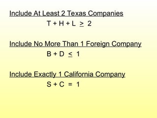 Include At Least 2 Texas Companies
T + H + L > 2
Include No More Than 1 Foreign Company
B + D < 1
Include Exactly 1 California Company
S + C = 1
 