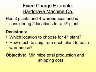 Fixed Charge Example:
Hardgrave Machine Co.
Has 3 plants and 4 warehouses and is
considering 2 locations for a 4th
plant
Decisions:
• Which location to choose for 4th
plant?
• How much to ship from each plant to each
warehouse?
Objective: Minimize total production and
shipping cost
 