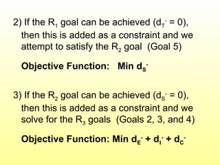2) If the R1 goal can be achieved (dT
-
= 0),
then this is added as a constraint and we
attempt to satisfy the R2 goal (Goal 5)
Objective Function: Min dS
-
3) If the R2 goal can be achieved (dS
-
= 0),
then this is added as a constraint and we
solve for the R3 goals (Goals 2, 3, and 4)
Objective Function: Min dE
-
+ dI
-
+ dC
-
 