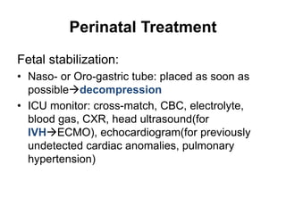 Perinatal Treatment
Fetal stabilization:
• Naso- or Oro-gastric tube: placed as soon as
possibledecompression
• ICU monitor: cross-match, CBC, electrolyte,
blood gas, CXR, head ultrasound(for
IVHECMO), echocardiogram(for previously
undetected cardiac anomalies, pulmonary
hypertension)
 