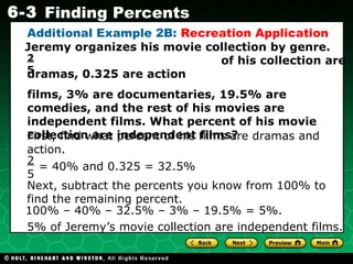 Additional Example 2B:  Recreation Application First, find what percent of his films are dramas and action. Jeremy organizes his movie collection by genre.  of his collection are dramas, 0.325 are action  films, 3% are documentaries, 19.5% are comedies, and the rest of his movies are independent films. What percent of his movie collection are independent films? 2  5 Next, subtract the percents you know from 100% to find the remaining percent. 100% – 40% – 32.5% – 3% – 19.5% = 5%. 5% of Jeremy’s movie collection are independent films. = 40% and 0.325 = 32.5% 2  5 