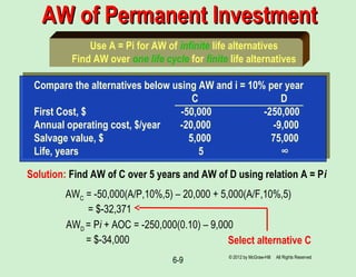 6-9
AW of Permanent InvestmentAW of Permanent Investment
Solution: Find AW of C over 5 years and AW of D using relation A = Pi
Select alternative C
Use A = Pi for AW of infinite life alternatives
Find AW over one life cycle for finite life alternatives
Compare the alternatives below using AW and i = 10% per year
C D
First Cost, $ -50,000 -250,000
Annual operating cost, $/year -20,000 -9,000
Salvage value, $ 5,000 75,000
Life, years 5 ∞
AWC = -50,000(A/P,10%,5) – 20,000 + 5,000(A/F,10%,5)
= $-32,371
AWD = Pi + AOC = -250,000(0.10) – 9,000
= $-34,000
© 2012 by McGraw-Hill All Rights Reserved
 