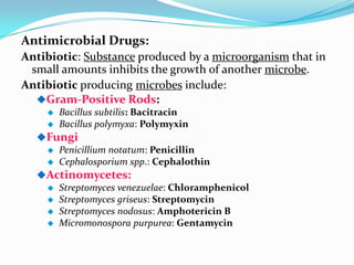 Antimicrobial Drugs:
Antibiotic: Substance produced by a microorganism that in
 small amounts inhibits the growth of another microbe.
Antibiotic producing microbes include:
  Gram-Positive Rods:
       Bacillus subtilis: Bacitracin
       Bacillus polymyxa: Polymyxin
  Fungi
    Penicillium notatum: Penicillin
    Cephalosporium spp.: Cephalothin
  Actinomycetes:
    Streptomyces venezuelae: Chloramphenicol
    Streptomyces griseus: Streptomycin
    Streptomyces nodosus: Amphotericin B
    Micromonospora purpurea: Gentamycin
 