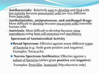 • Antibacterials: Relatively easy to develop and find with
  low toxicity because procaryotic cells are very different
  from host cells.
• Antihelminthic, antiprotozoan, and antifungal drugs:
  More difficult to develop because eucaryotic cells resemble
  human cells.
• Antivirals: Most difficult to develop because virus
  reproduces using host cell enzymes and machinery.
    Spectrum of Antimicrobial Activity
   Broad Spectrum: Effective against many different types
    of bacteria (e.g.: both gram positive and negative).
    Examples: Tetracyclin
    Narrow Spectrum Antibiotics: Effective against a
    subset of bacteria (either gram positive and negative).
     Examples: Penicillin, Isoniazid (Mycobacteria only}
 