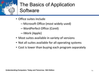 The Basics of Application
Software
• Office suites include
– Microsoft Office (most widely used)
– WordPerfect Office (Corel)
– iWork (Apple)
• Most suites available in variety of versions
• Not all suites available for all operating systems
• Cost is lower than buying each program separately
Understanding Computers: Today and Tomorrow, 14th Edition 14
 