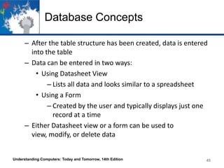 Database Concepts
– After the table structure has been created, data is entered
into the table
– Data can be entered in two ways:
• Using Datasheet View
– Lists all data and looks similar to a spreadsheet
• Using a Form
– Created by the user and typically displays just one
record at a time
– Either Datasheet view or a form can be used to
view, modify, or delete data
Understanding Computers: Today and Tomorrow, 14th Edition 45
 