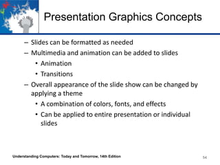 Presentation Graphics Concepts
– Slides can be formatted as needed
– Multimedia and animation can be added to slides
• Animation
• Transitions
– Overall appearance of the slide show can be changed by
applying a theme
• A combination of colors, fonts, and effects
• Can be applied to entire presentation or individual
slides
Understanding Computers: Today and Tomorrow, 14th Edition 54
 