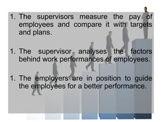 1. The supervisors measure the pay of
employees and compare it with targets
and plans.
1. The supervisor analyses the factors
behind work performances of employees.
1. The employers are in position to guide
the employees for a better performance.
 