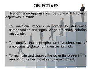 OBJECTIVES
Performance Appraisal can be done with following
objectives in mind:
• To maintain records in order to determine
compensation packages, wage structure, salaries
raises, etc.
• To identify the strengths and weaknesses of
employees to place right men on right job.
• To maintain and assess the potential present in a
person for further growth and development.
 